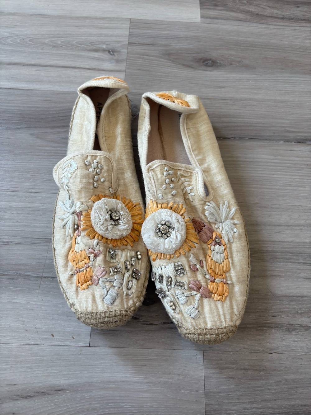 Apepazza 40/9 Embroidered Rhinestone Cream Floral Espadrille Flats